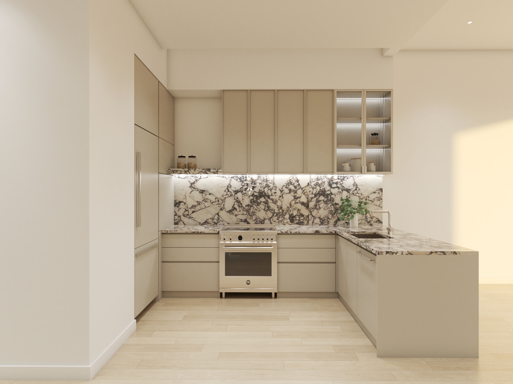 Penthouse kitchen with Calacatta viola island at 117 Powers Street