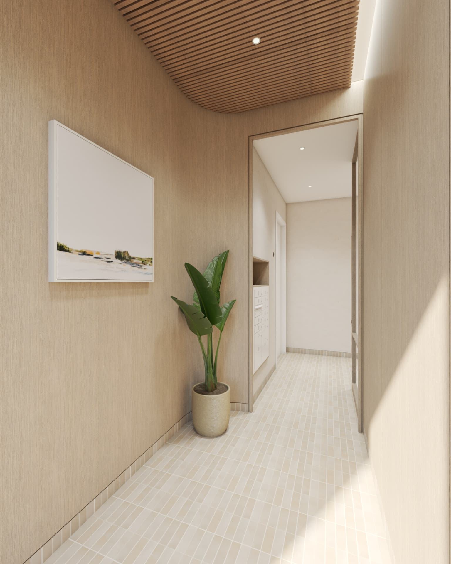 Main lobby at 117 Powers Street, Williamsburg, with warm white oak paneling and slatted ceiling